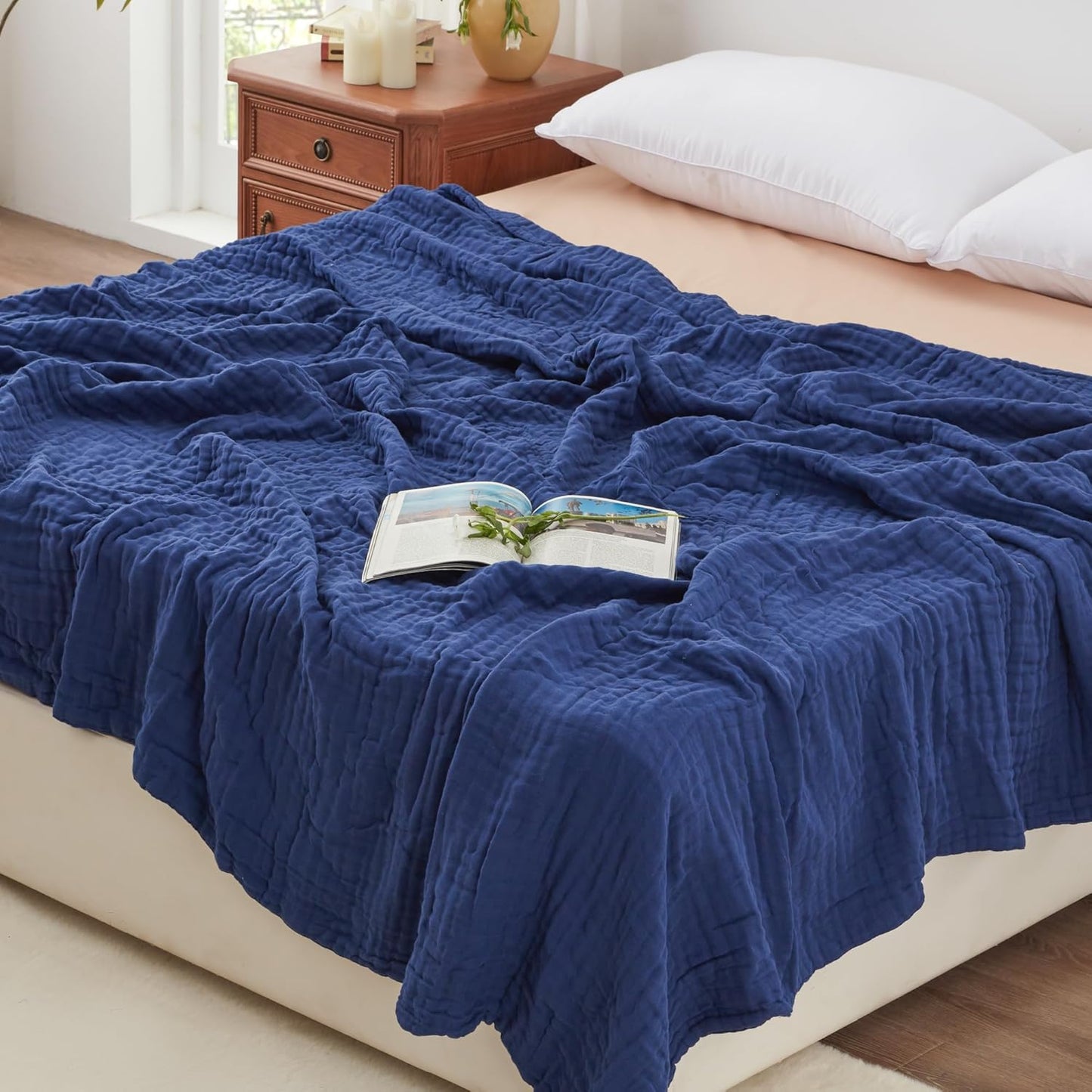 100% Cotton Muslin Blanket for Couch and Bed, Navy Blue