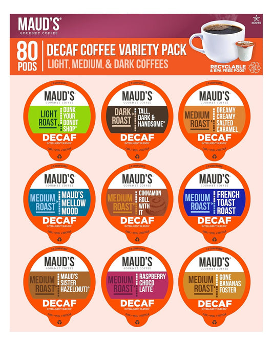MAUD'S 80 ct Decaf Coffee Pods Variety Pack - 9 Flavors - 100% Arabica, Solar Energy Pods