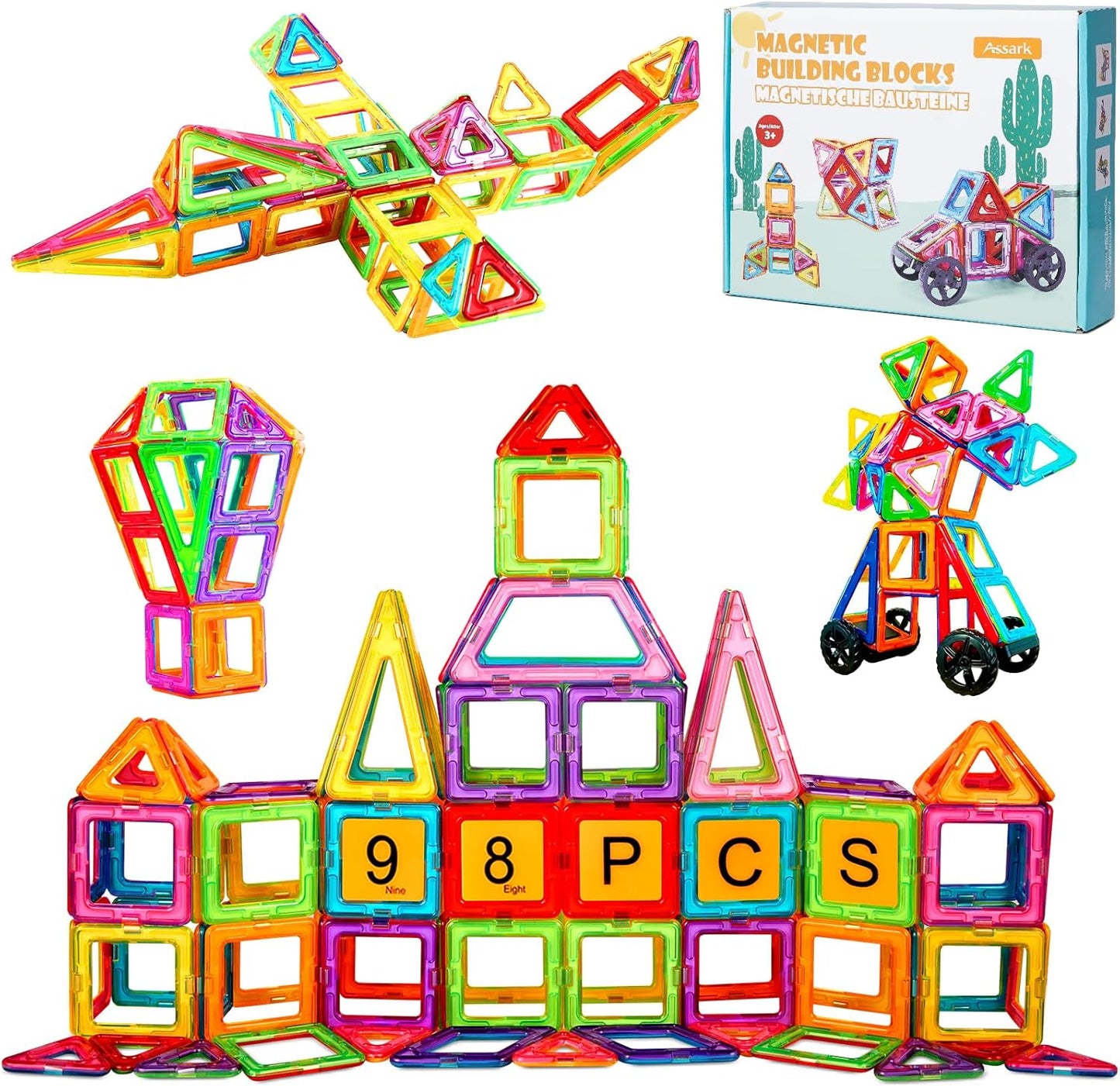 Magnetic Tiles Building Set with 2 Cars - STEM Toy for Ages 3-8+ - Assark