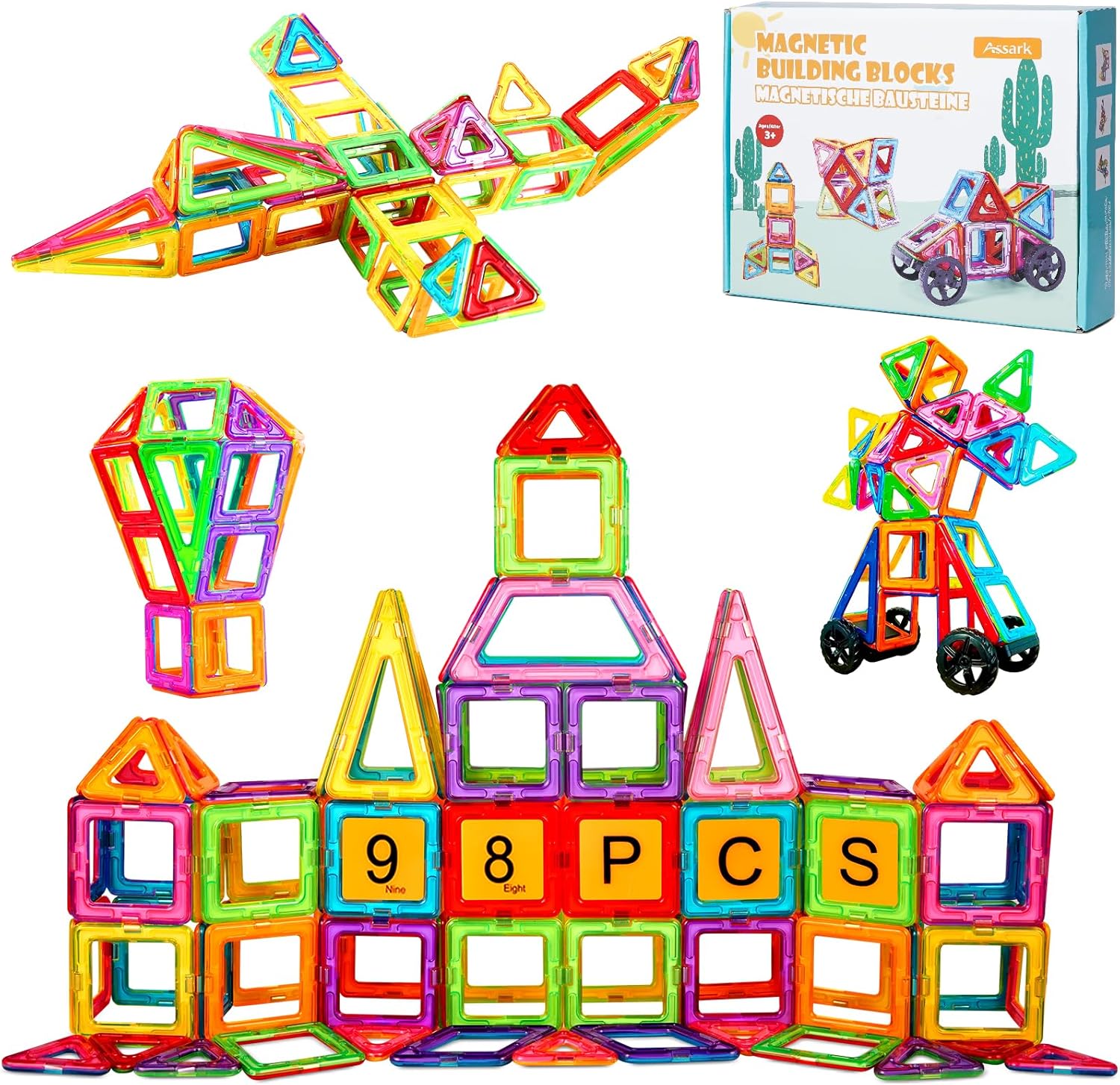 Magnetic Tiles Building Set with 2 Cars - STEM Toy for Ages 3-8+ - Assark