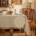 Linen Blend Rectangle Tablecloth with Tassels - Natural Look
