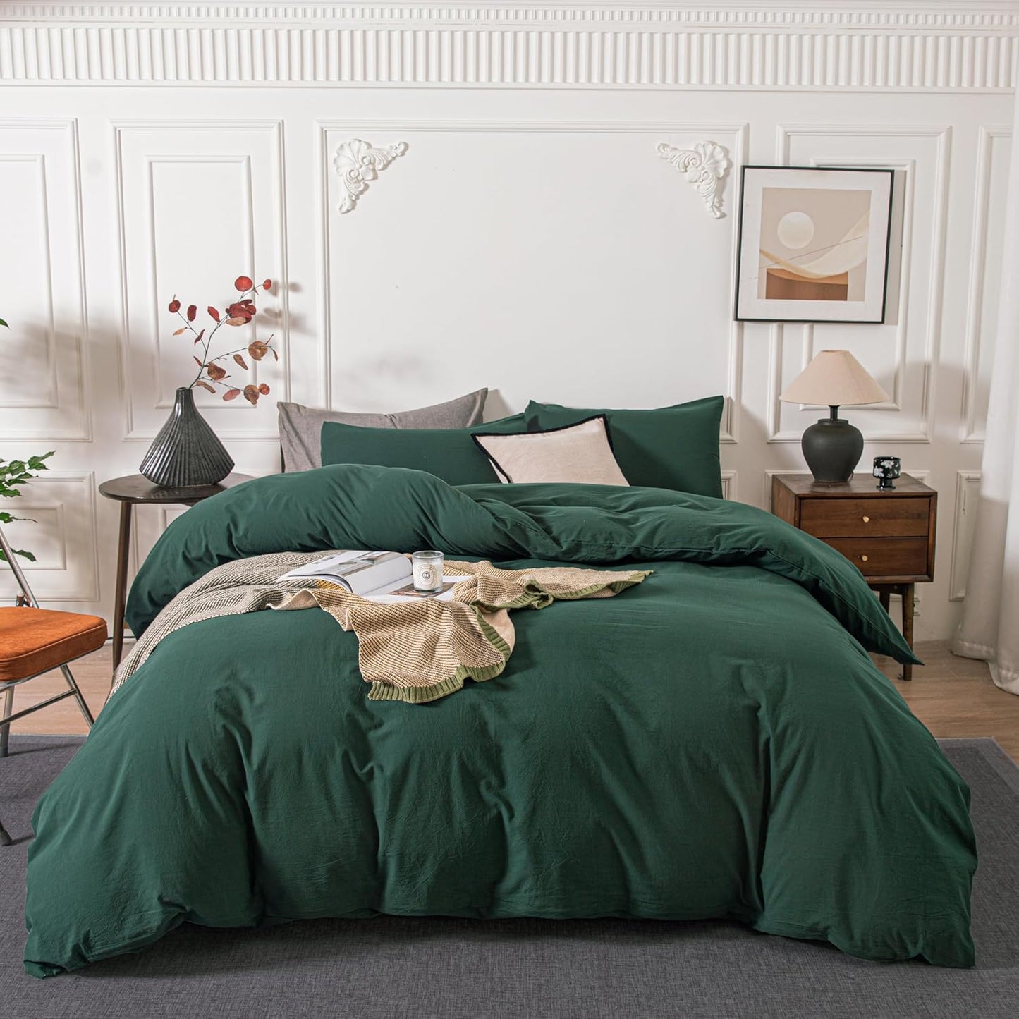 Washed Cotton Duvet Cover Set Ultra Soft Forest Green King Size