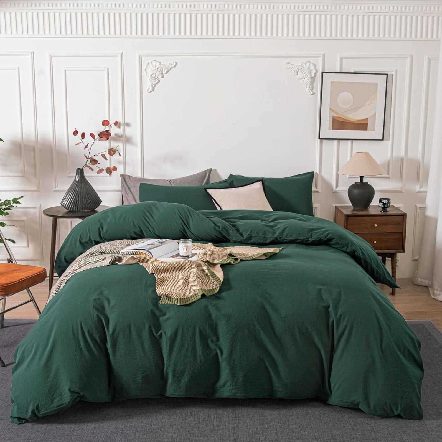 Washed Cotton Duvet Cover Set Ultra Soft Forest Green King Size