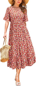 Women's Summer Tiered Flowy Midi Dress - Elastic Empire Waist