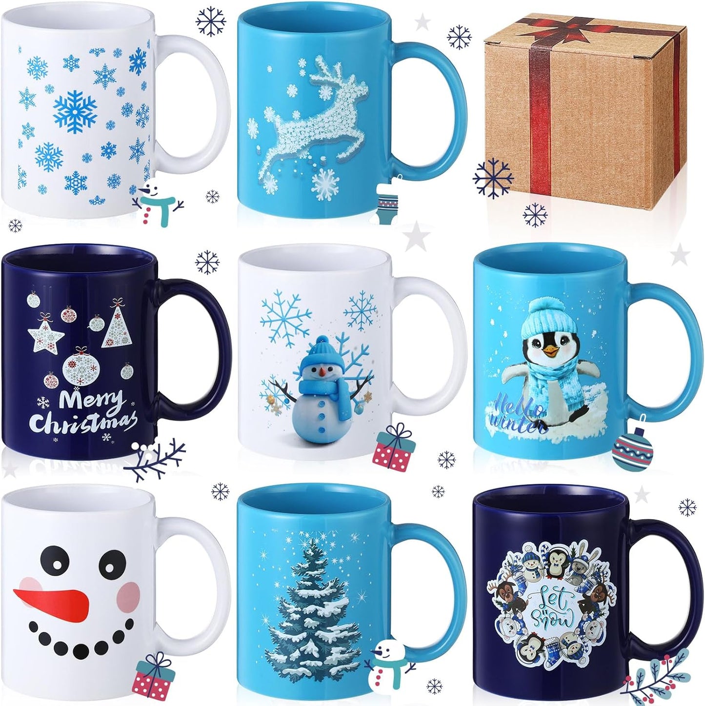 Maxdot Winter Coffee Mugs Set - 8 Pcs 12 oz Ceramic Mugs
