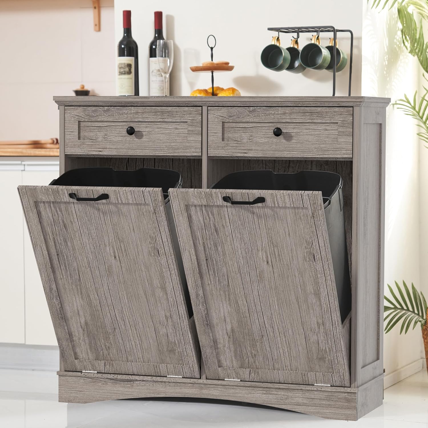 Double Tilt Out Trash Can Cabinet for Kitchen with Storage