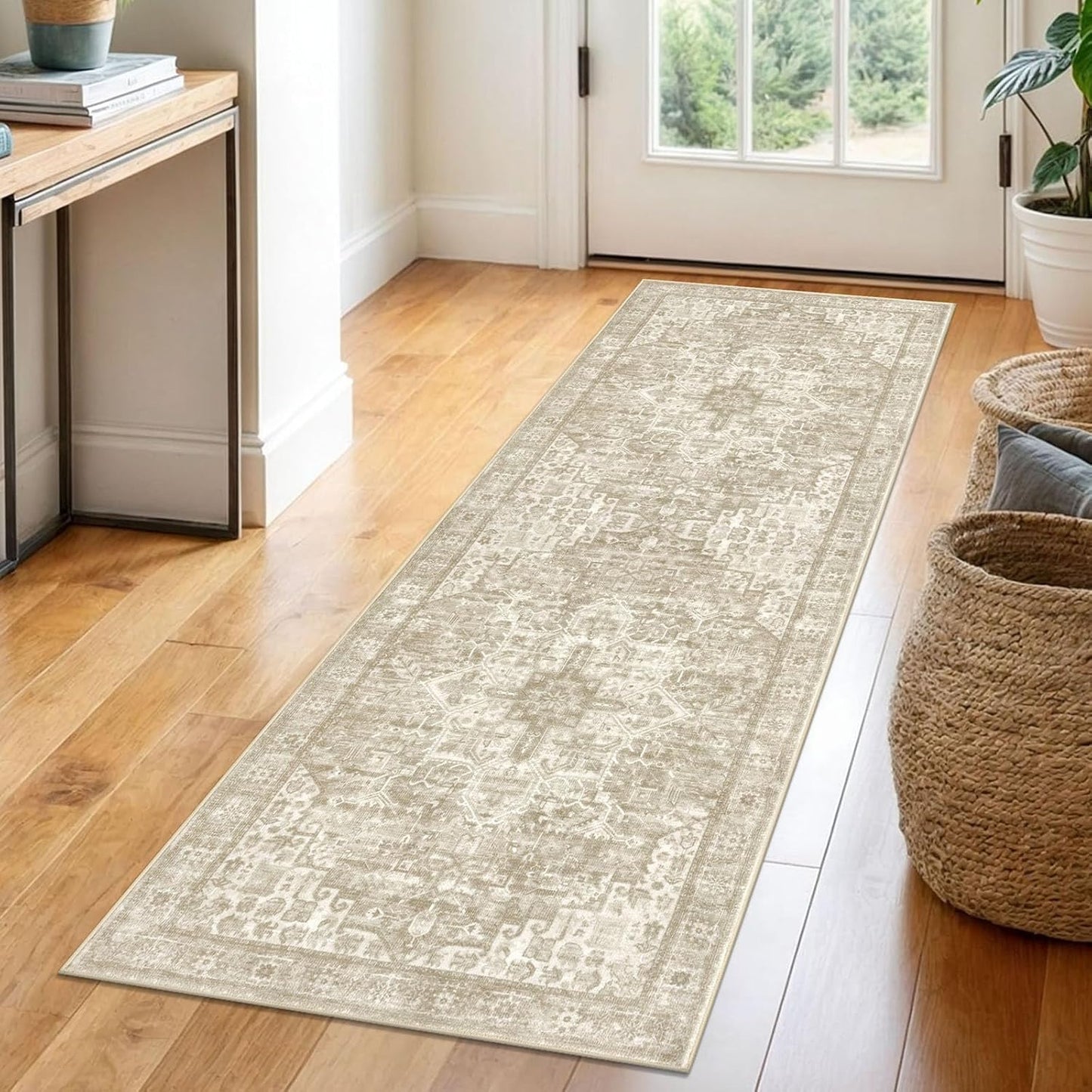 2x6 Light Beige Grey Brown Washable Runner Rug for Hallways