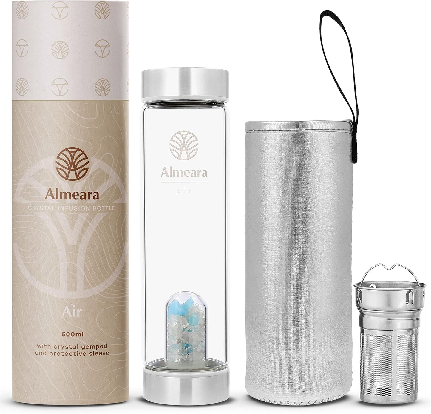 Almeara Crystal Water Bottle with Aquamarine & Quartz Stones