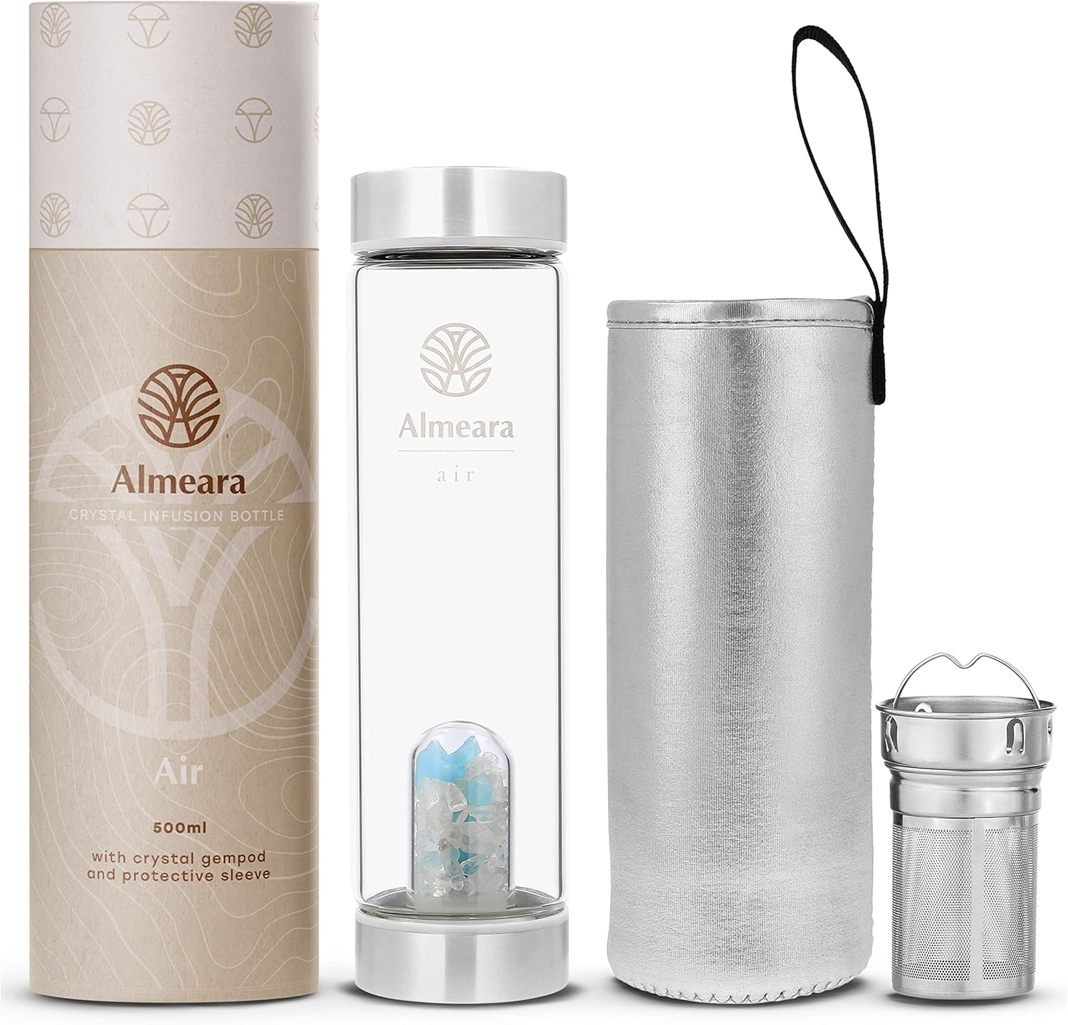 Almeara Crystal Water Bottle with Aquamarine & Quartz Stones