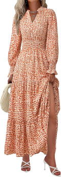 Women's Floral Maxi Dress V Neck Long Sleeve - Flowy Boho Fall Dress