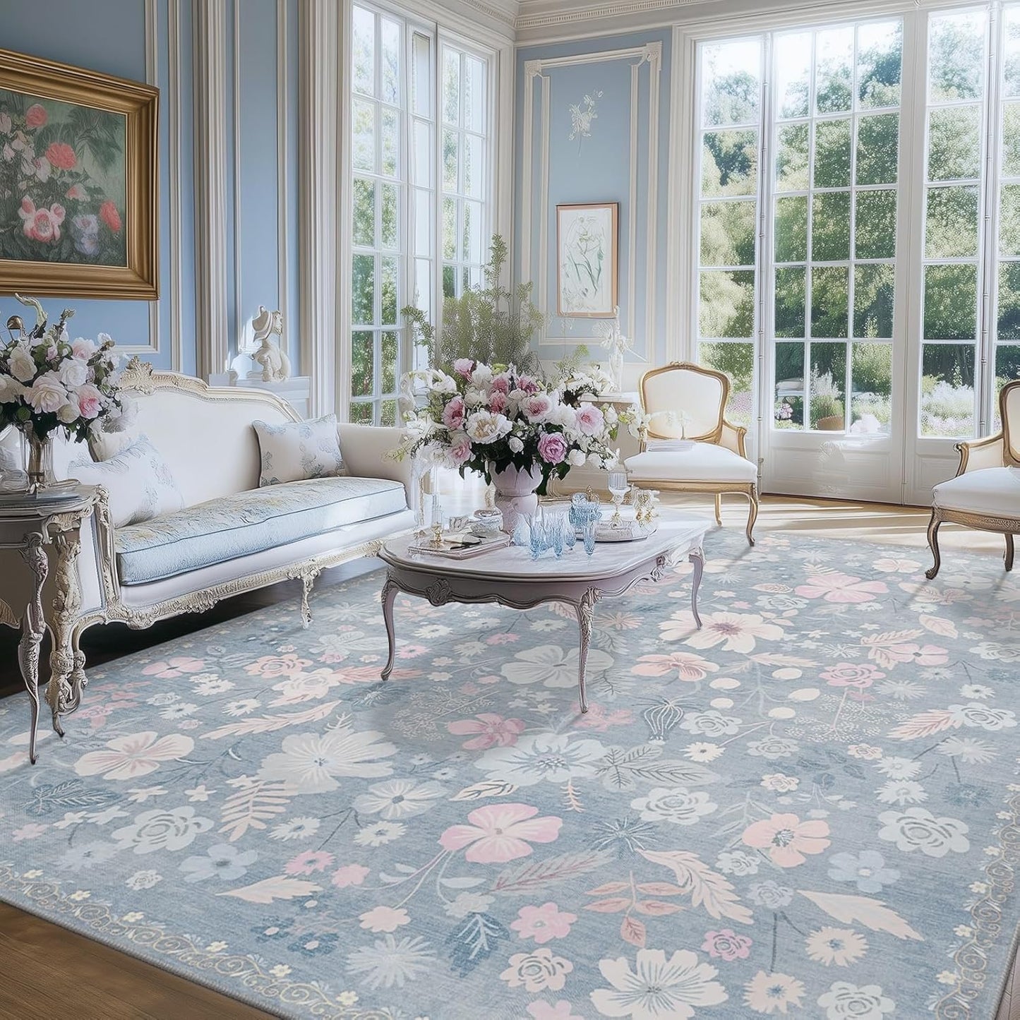 Blue 5x7 Area Rugs for Living Room Soft Faux Fur Vintage Style