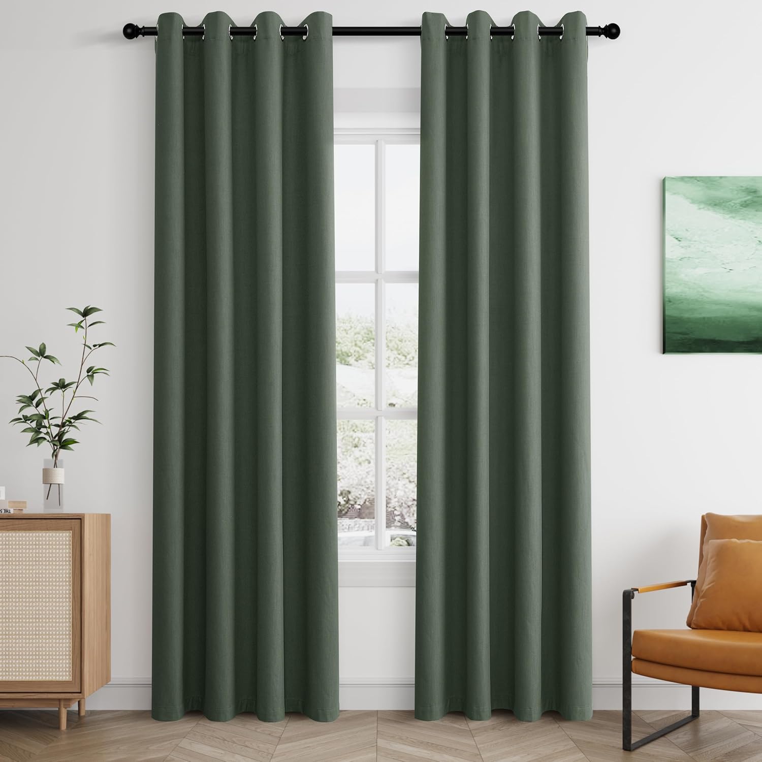 Olive Green Linen Blackout Curtains for Living Room & Bedroom