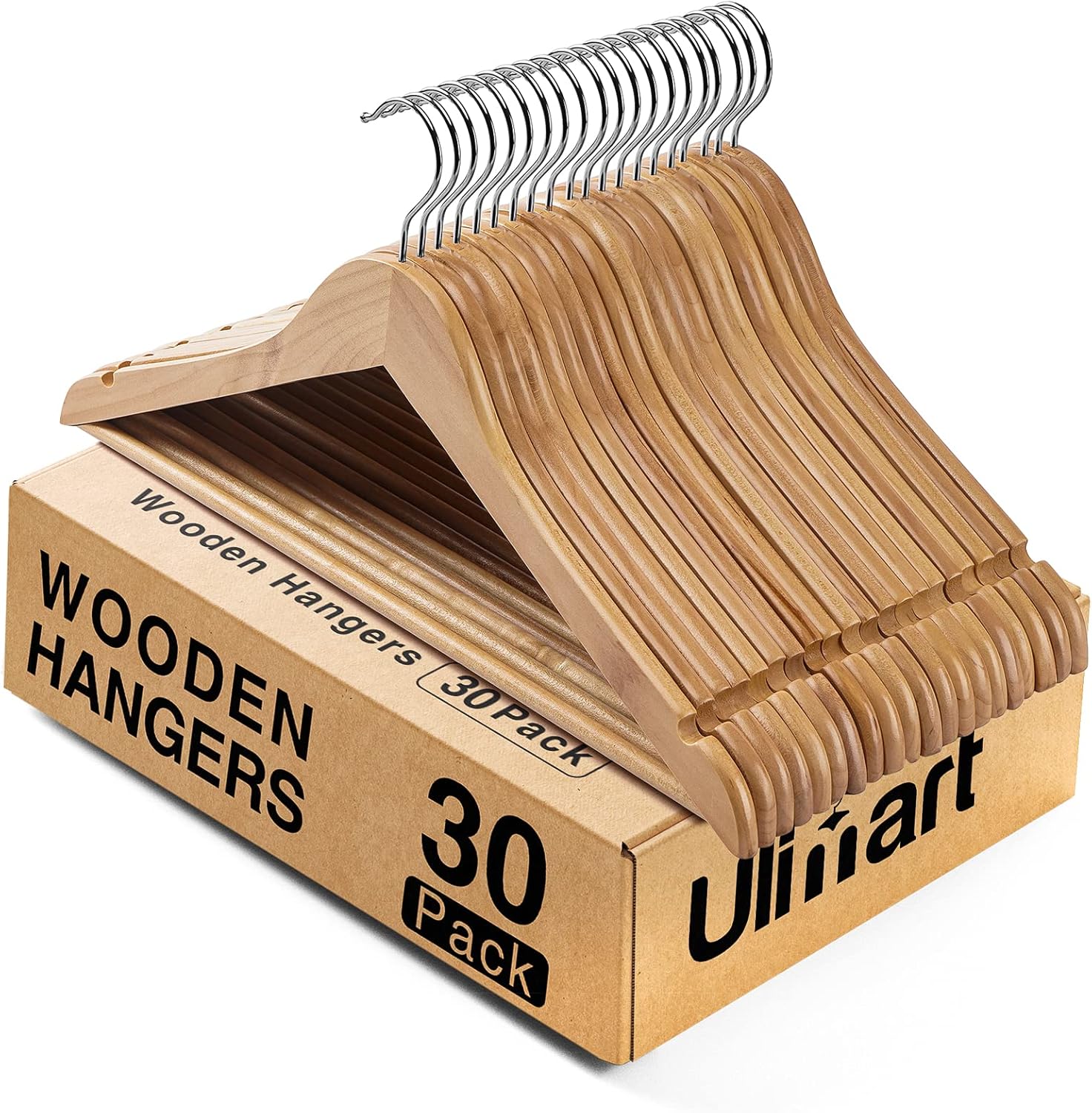 Wooden Hangers - 30 Pack Solid Wood Clothes Hangers for Closet
