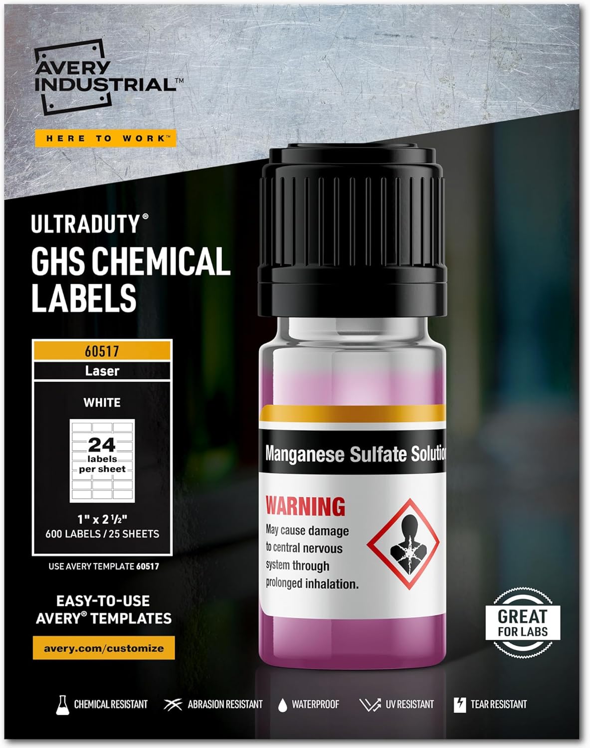 Avery UltraDuty GHS Chemical Labels for Laser Printers, 600 Pack