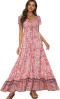 Women's Floral Rayon Maxi Dress with Elastic Square Neck - Boho Flow