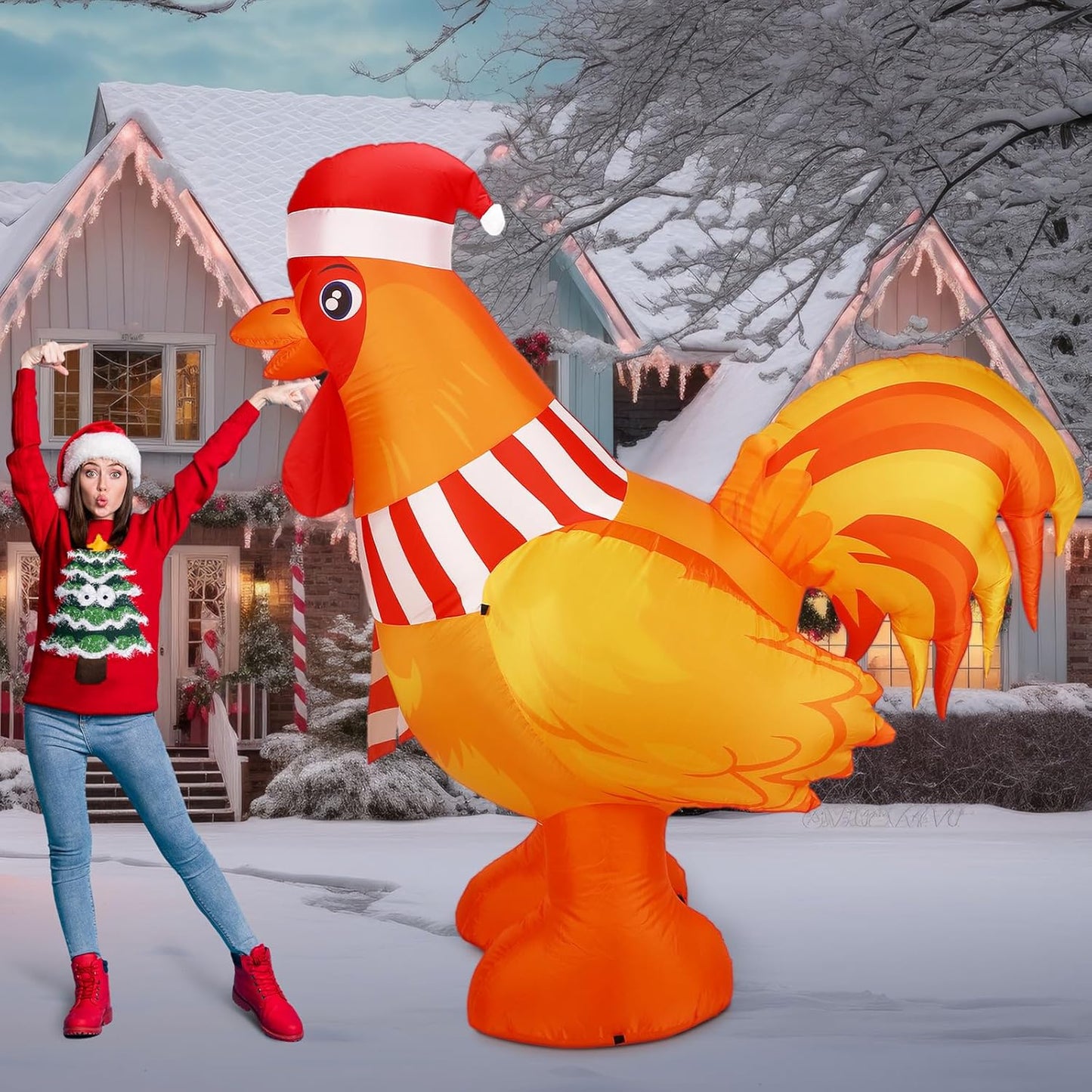 6Ft Christmas Rooster Inflatable with LED Lights for Decor