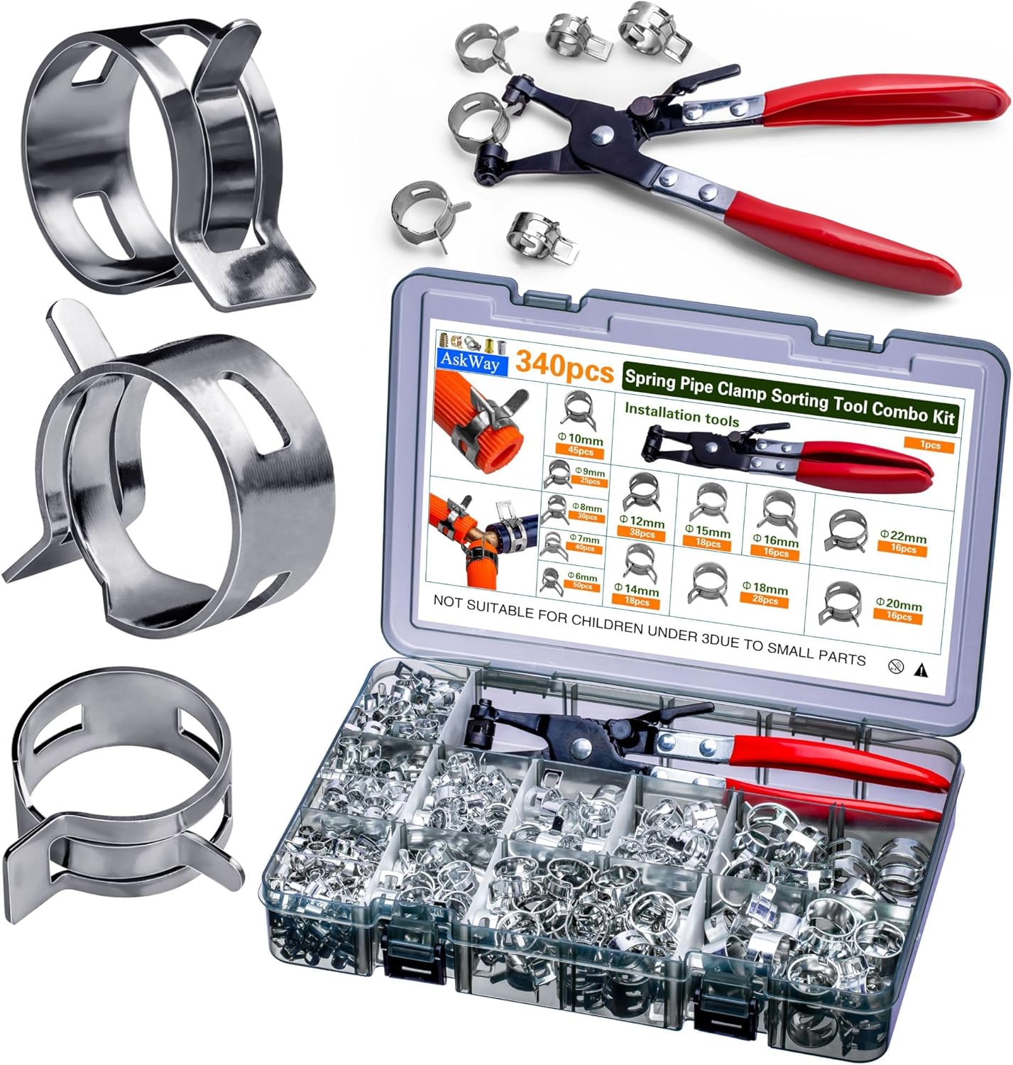 Spring Pipe Clamps 340PCS Set with Installation Tool for Hoses