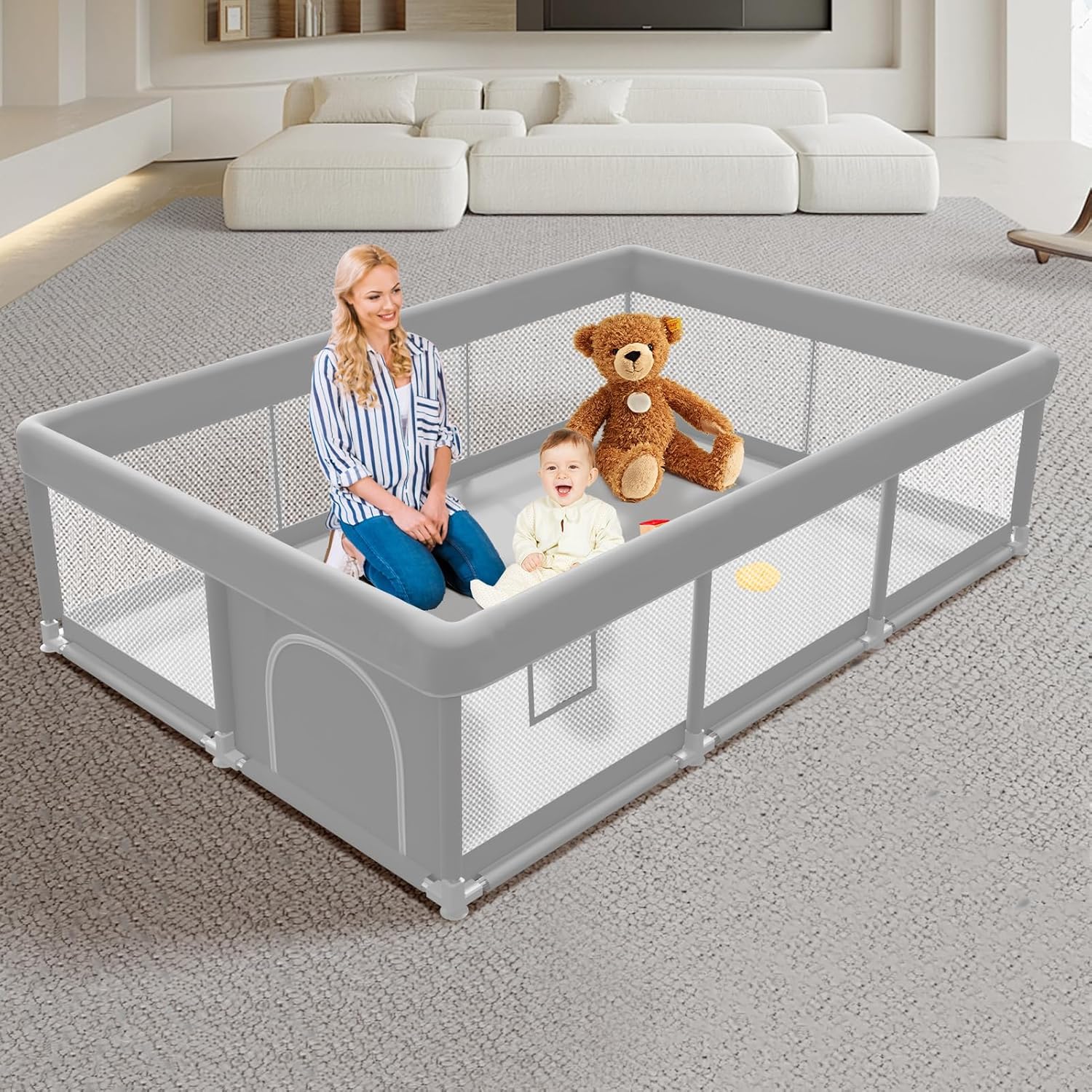 Secure Baby Play Yard with Zipper Gate & Suction Cups