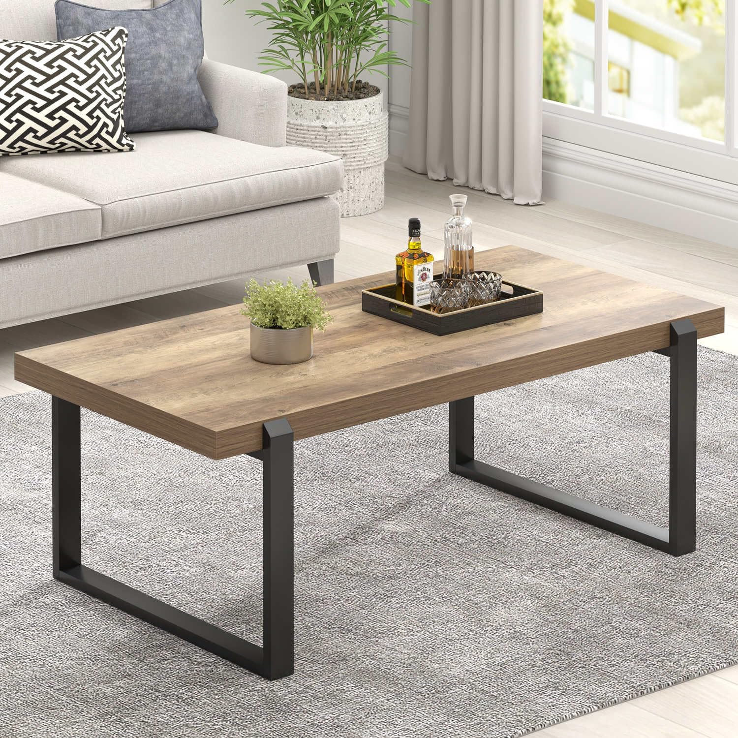 Rustic Oak Coffee Table, Modern Industrial Style, 44 Inch