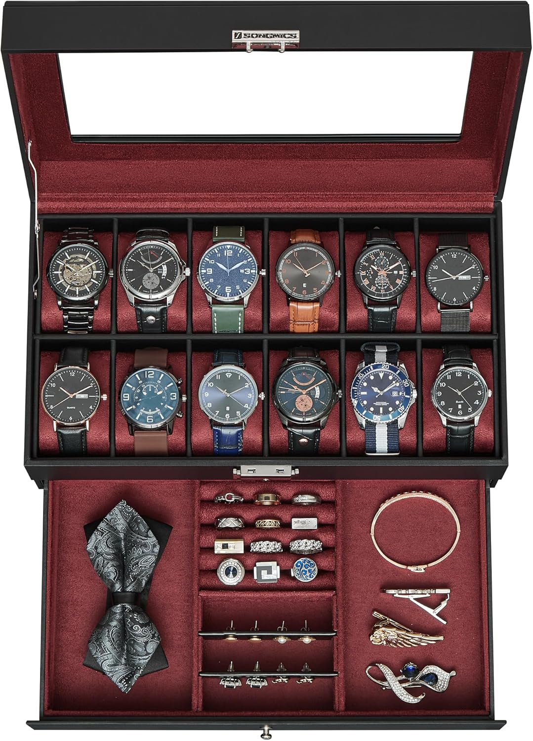 12-Slot Watch Box with Glass Lid and Drawer for Accessories