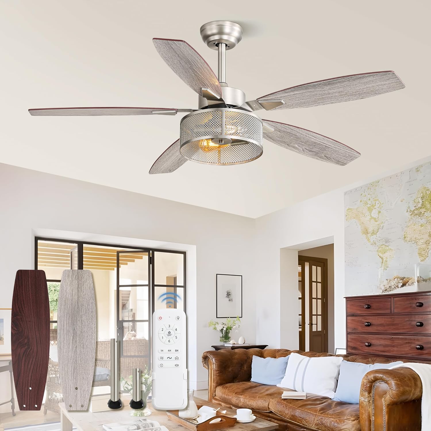 Farmhouse Brushed Nickel Ceiling Fan with Lights and Remote