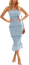 Dowerme Women Summer Casual Floral Midi Smocked Bodycon Dress