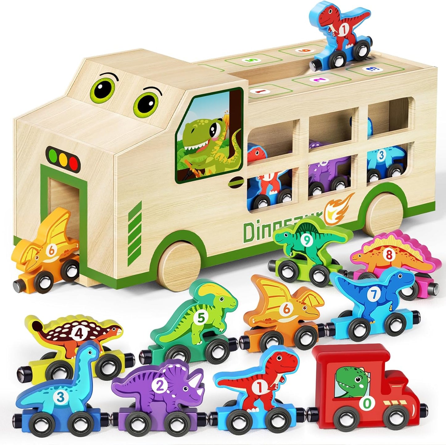 GJZZ Wooden Dinosaur Truck & Magnetic Train Set for Kids