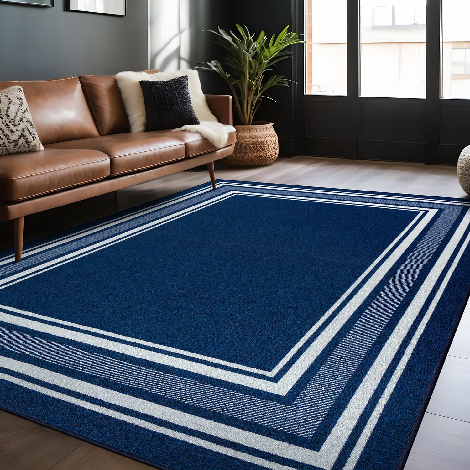 Modern Bordered Non Slip Indoor Rugs for Living Room 5x7