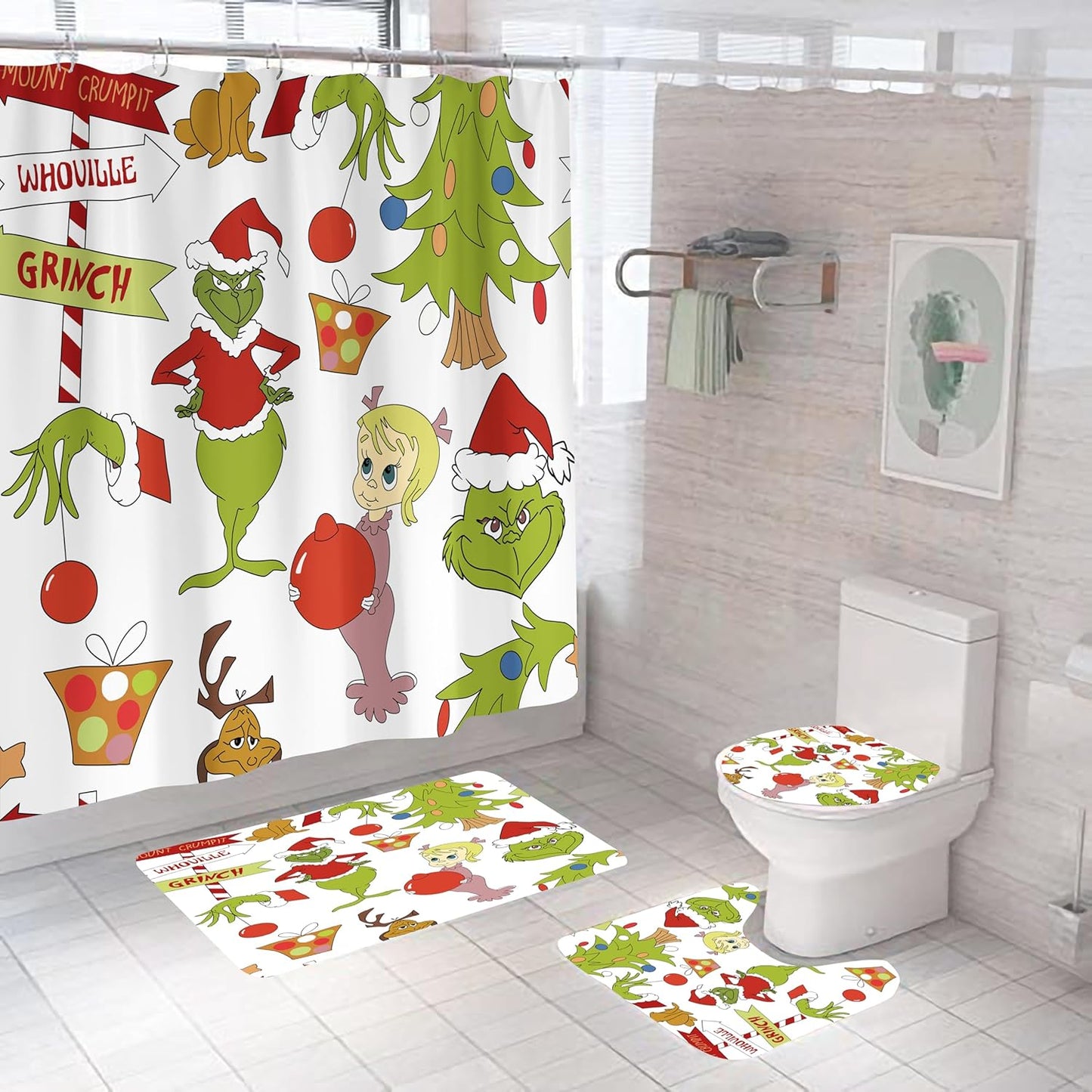 4 Pcs Christmas Shower Curtain Set for Festive Bathroom Decor
