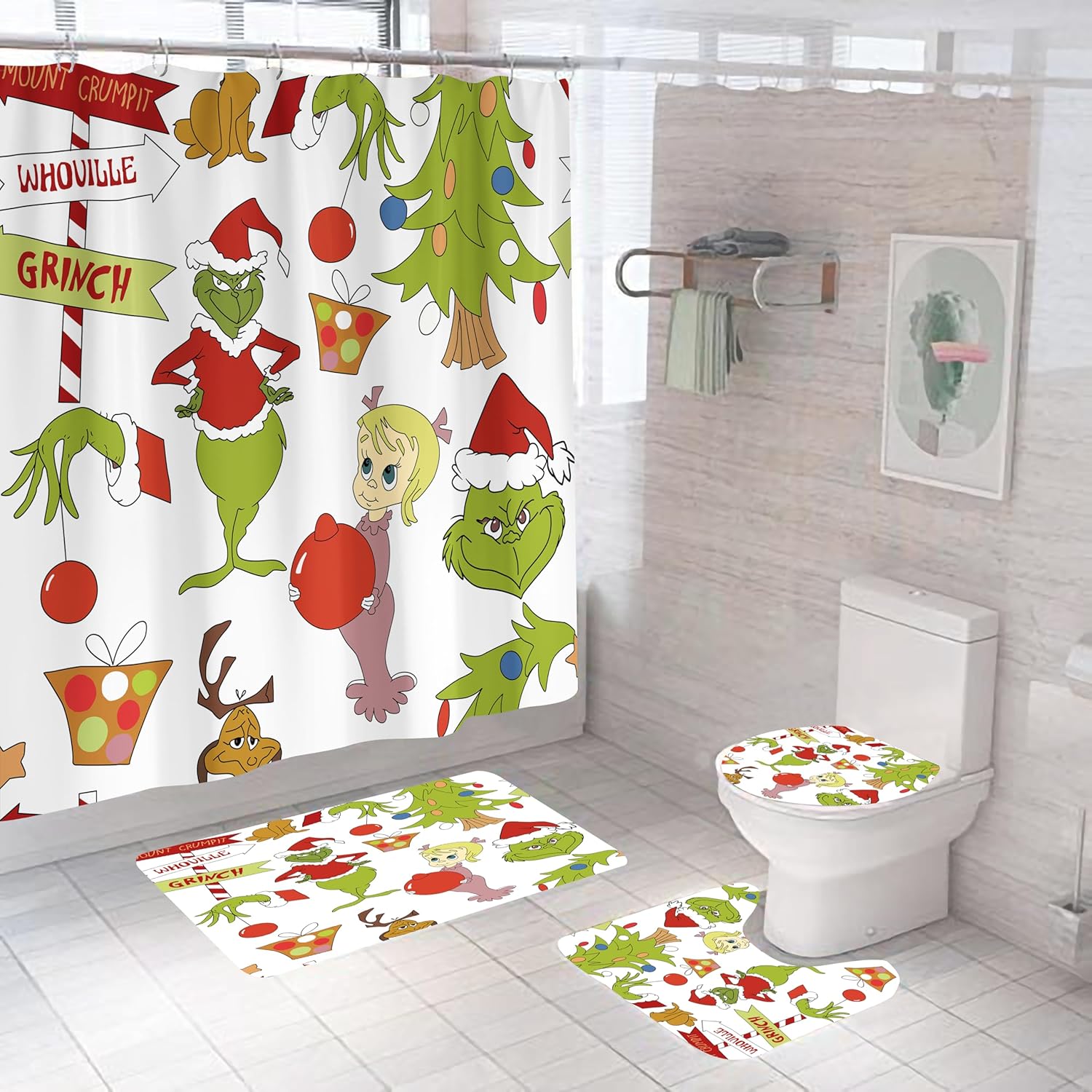 4 Pcs Christmas Shower Curtain Set for Festive Bathroom Decor