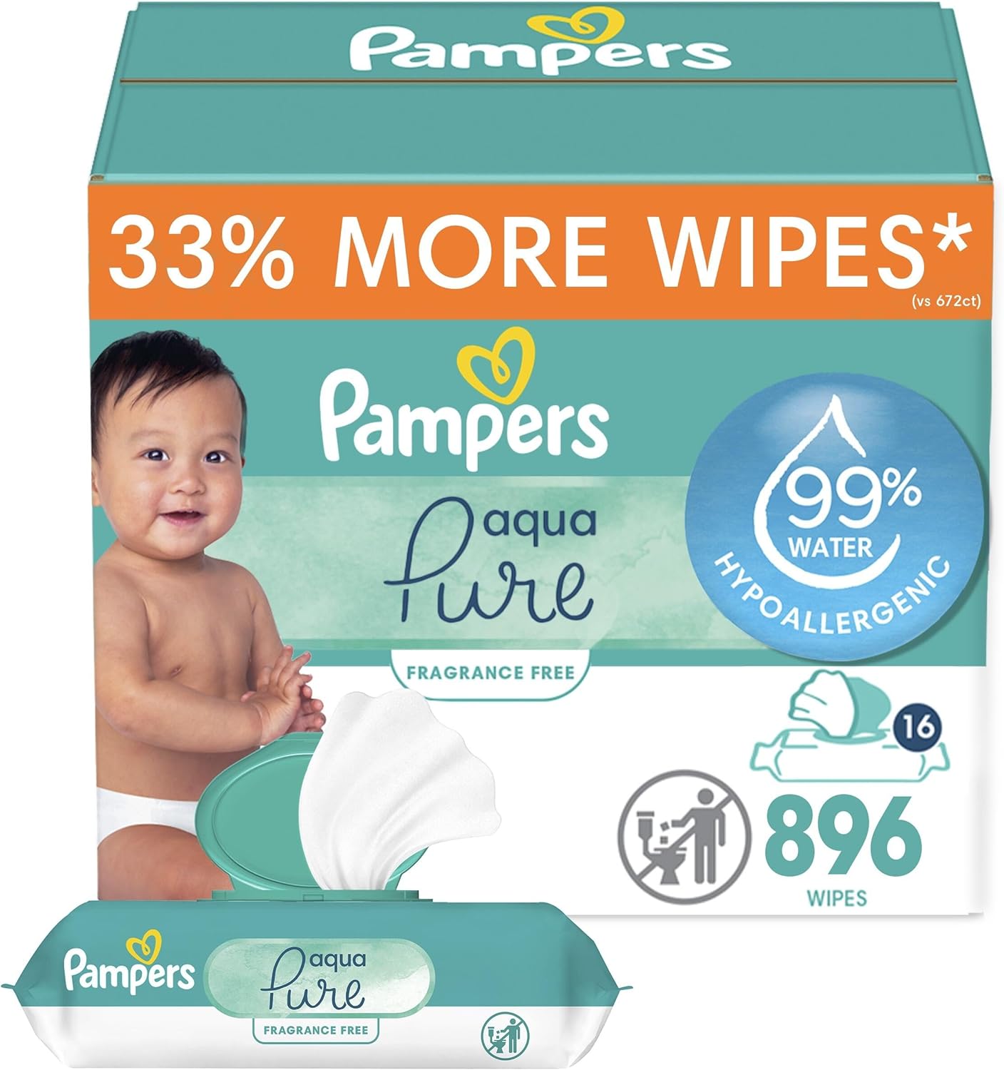 Pampers Aqua Pure Baby Wipes - 99% Water Based, Hypoallergenic