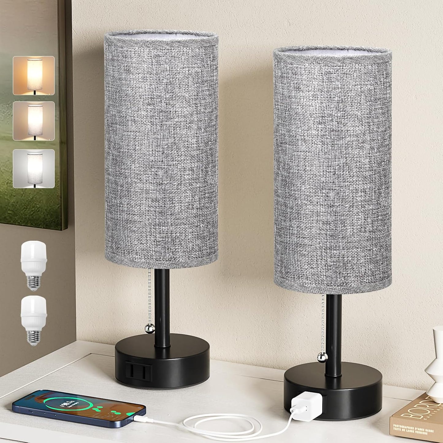 Fenmzee Grey Bedside Table Lamps Set of 2 with AC Outlet