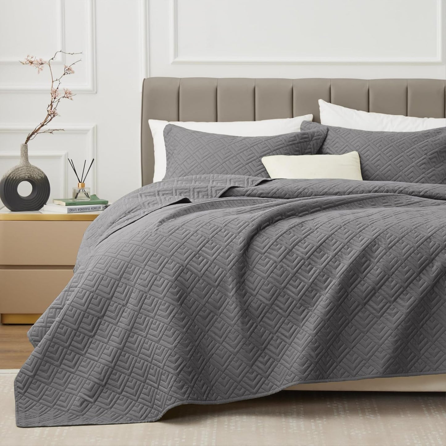 EXQ Home Quilt Set Full Queen Size Grey Lightweight Coverlet
