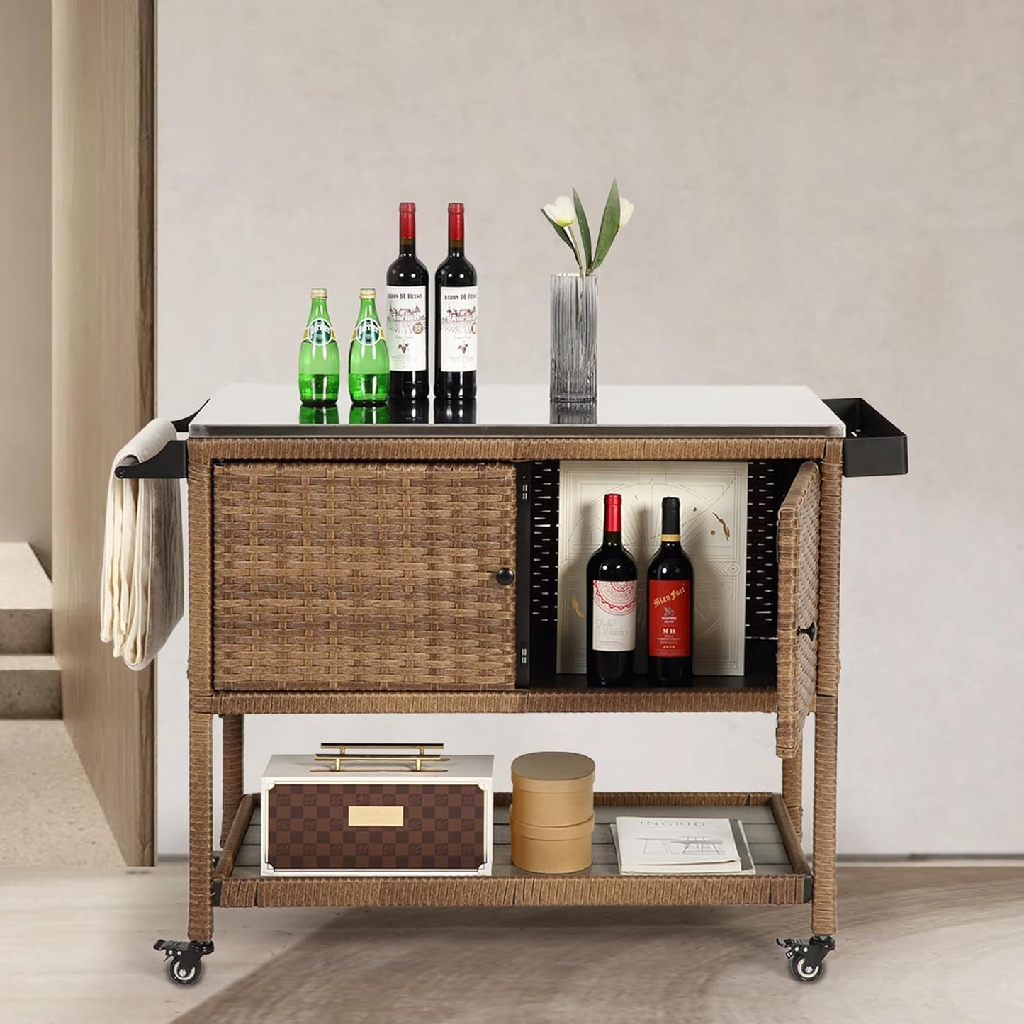 Wicker Outdoor Bar Cart with Lockable Casters for Easy Mobility