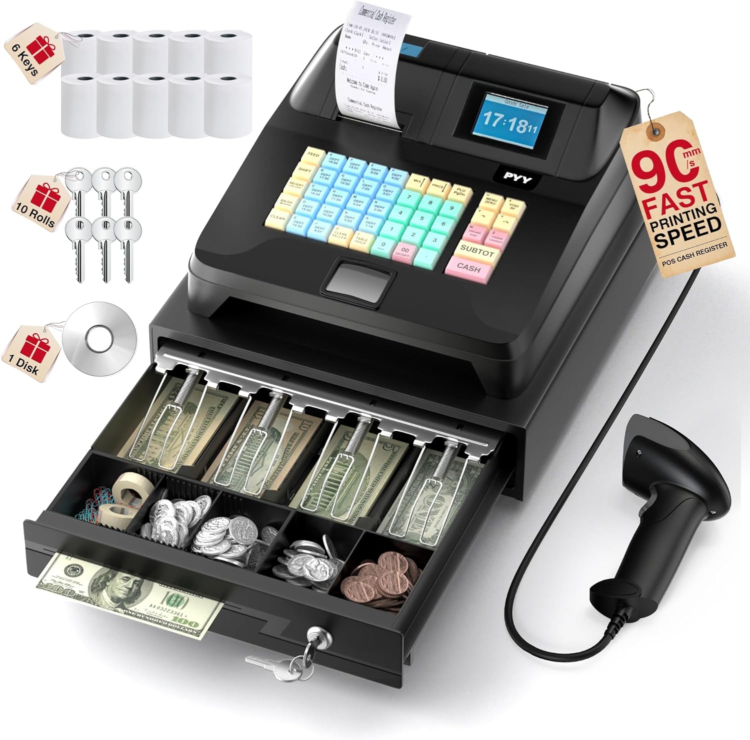 PYY Cash Register for Small Businesses with Scanner and Lock