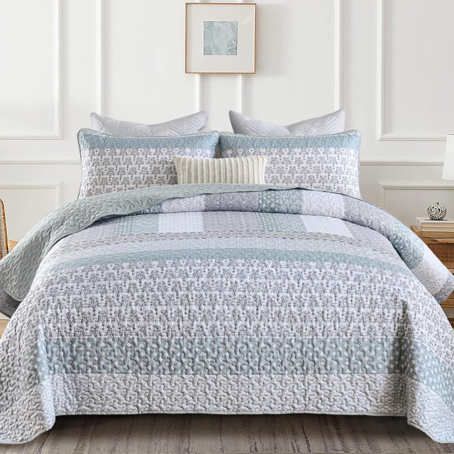 Bohemian Stripe Quilt Set Queen Size - Lightweight Green Bedding