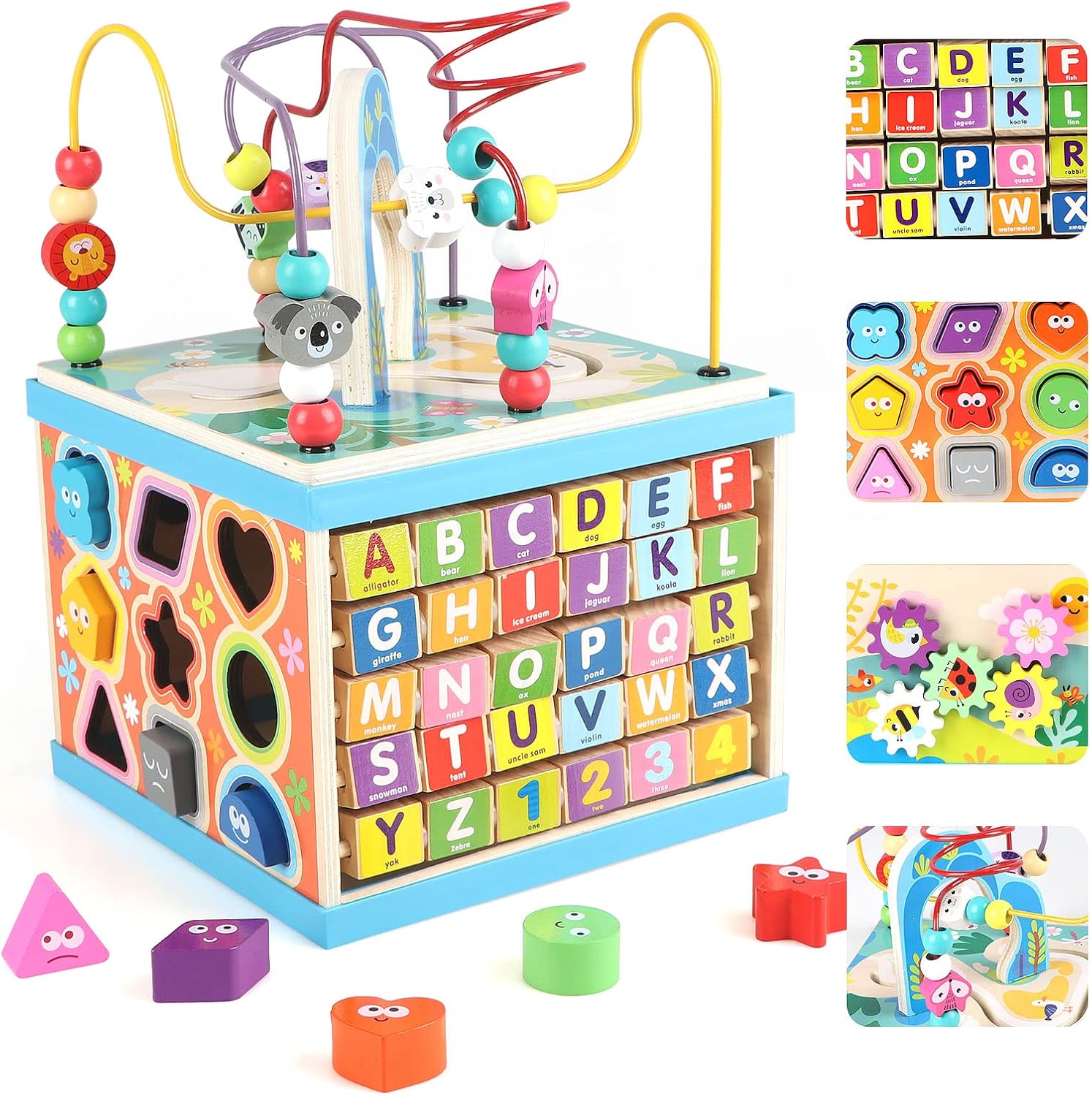 Qilay Wooden Activity Cube for Toddlers - 5 in 1 Fun Learning