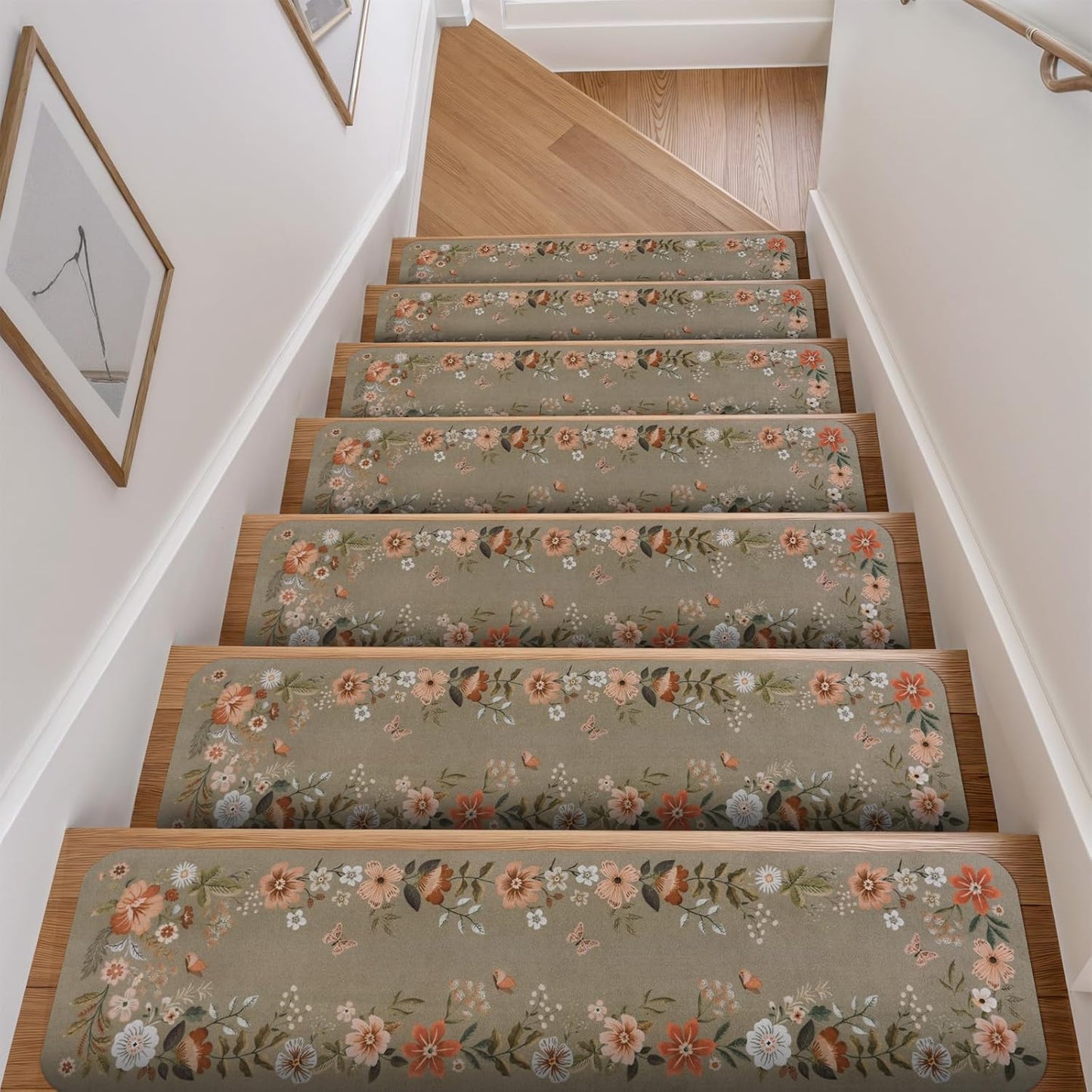 Non-Slip Floral Stair Treads for Wooden Steps - 15PCS Set