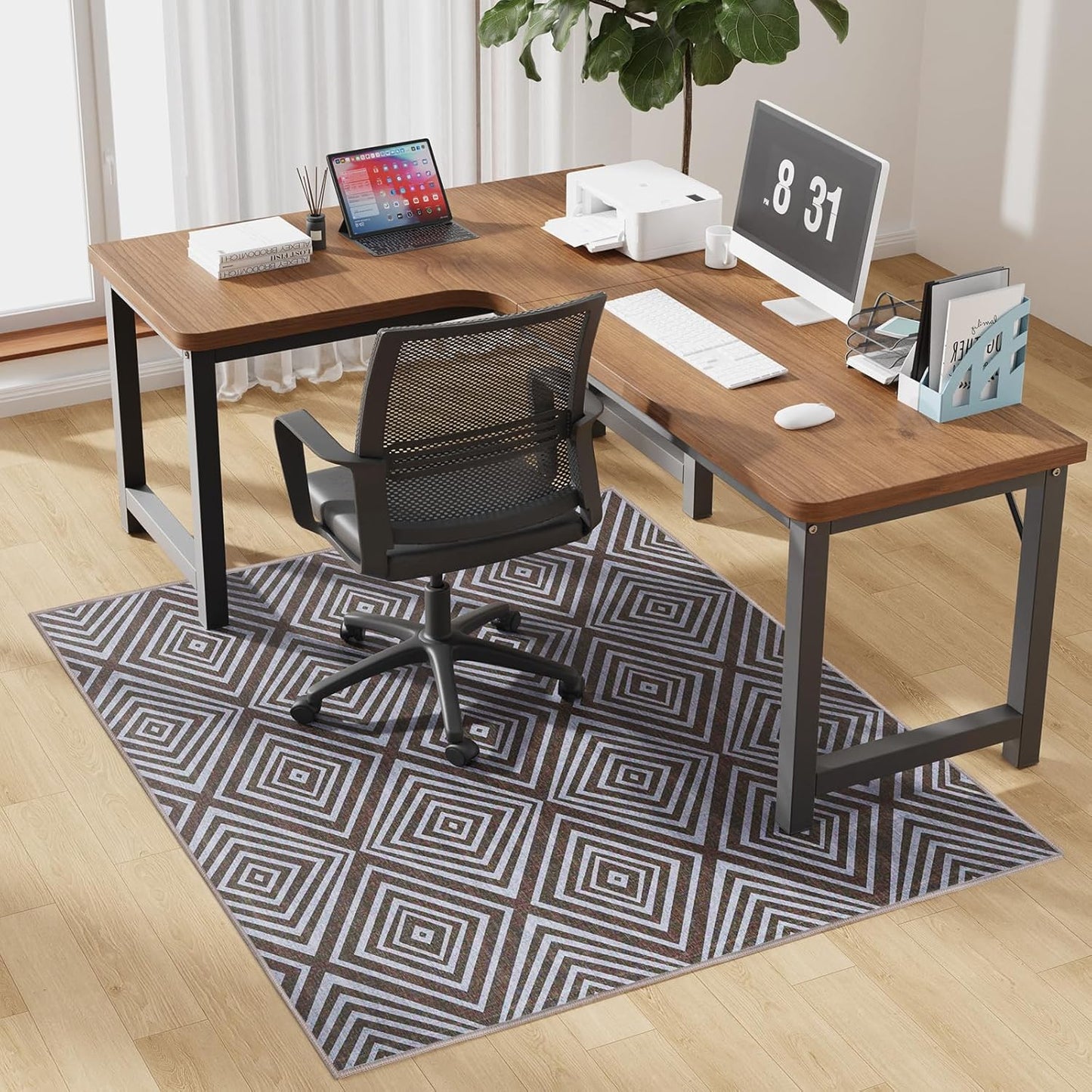 Blue&Black Checkered Diamond-Pattern Computer Chair Mat for Hardwood