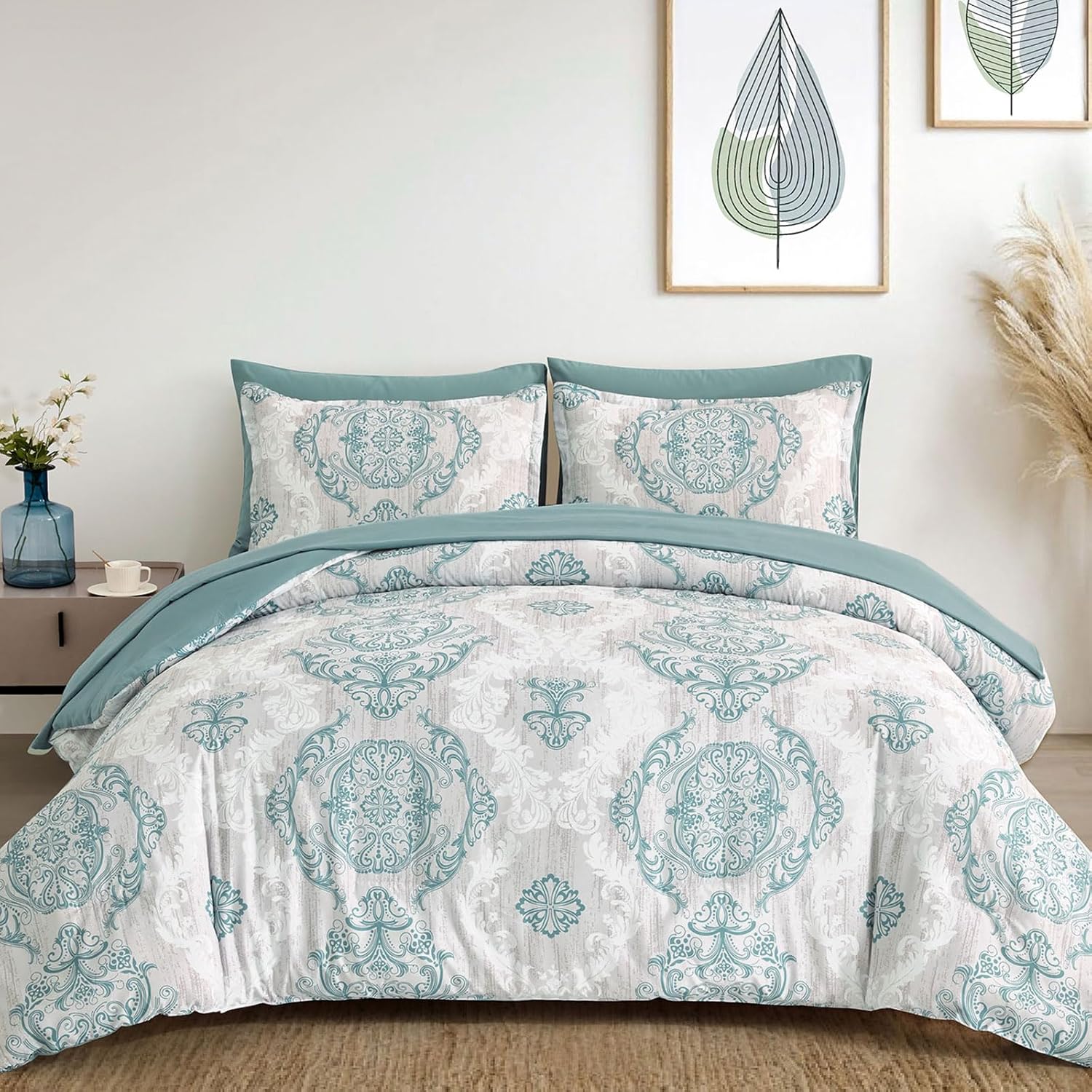 Aqua Comforter Set King Size with Damask Texture 7 Pieces