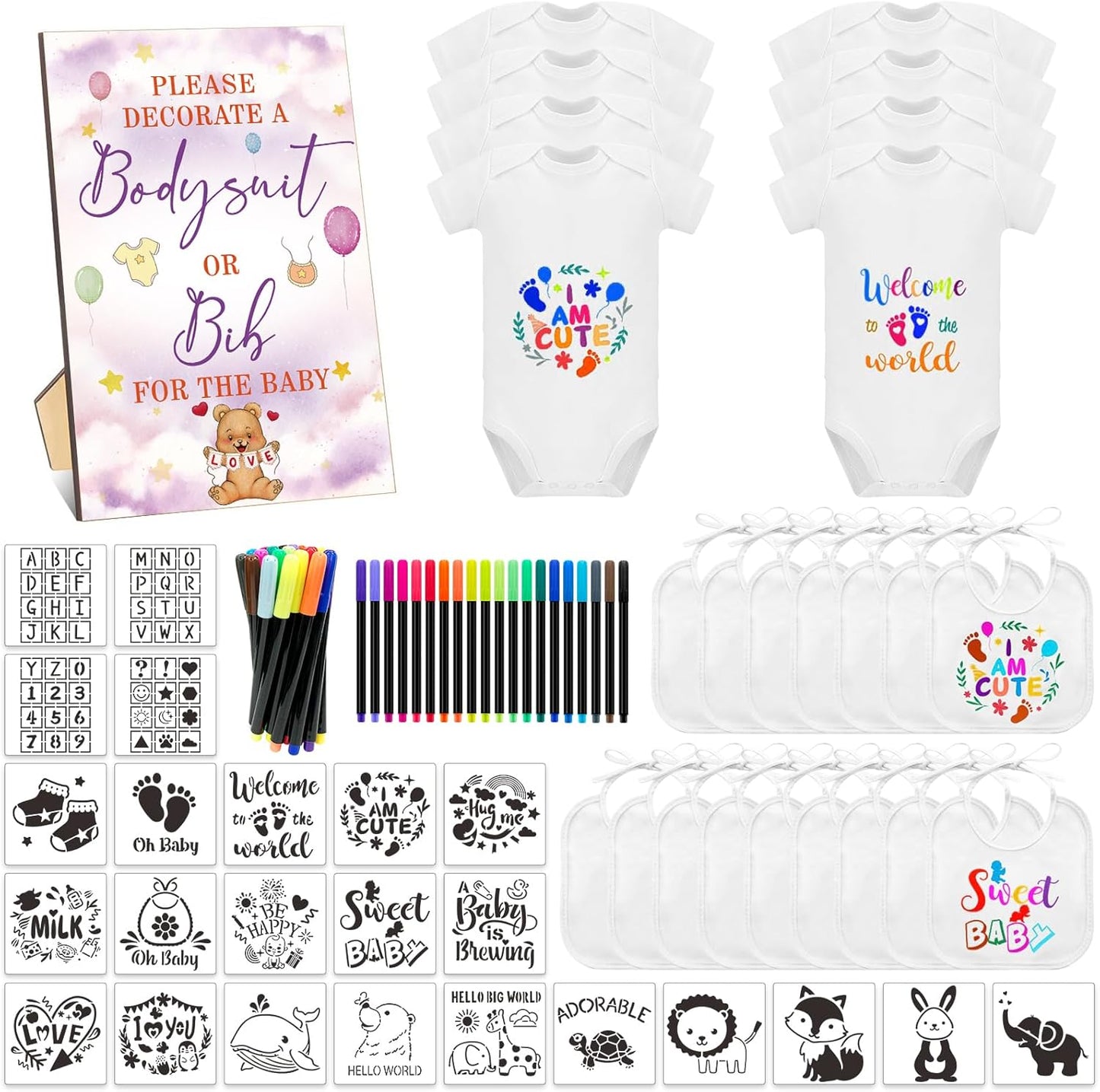 69 Pcs Baby Bib Bodysuit Set for Fun Baby Shower Activities