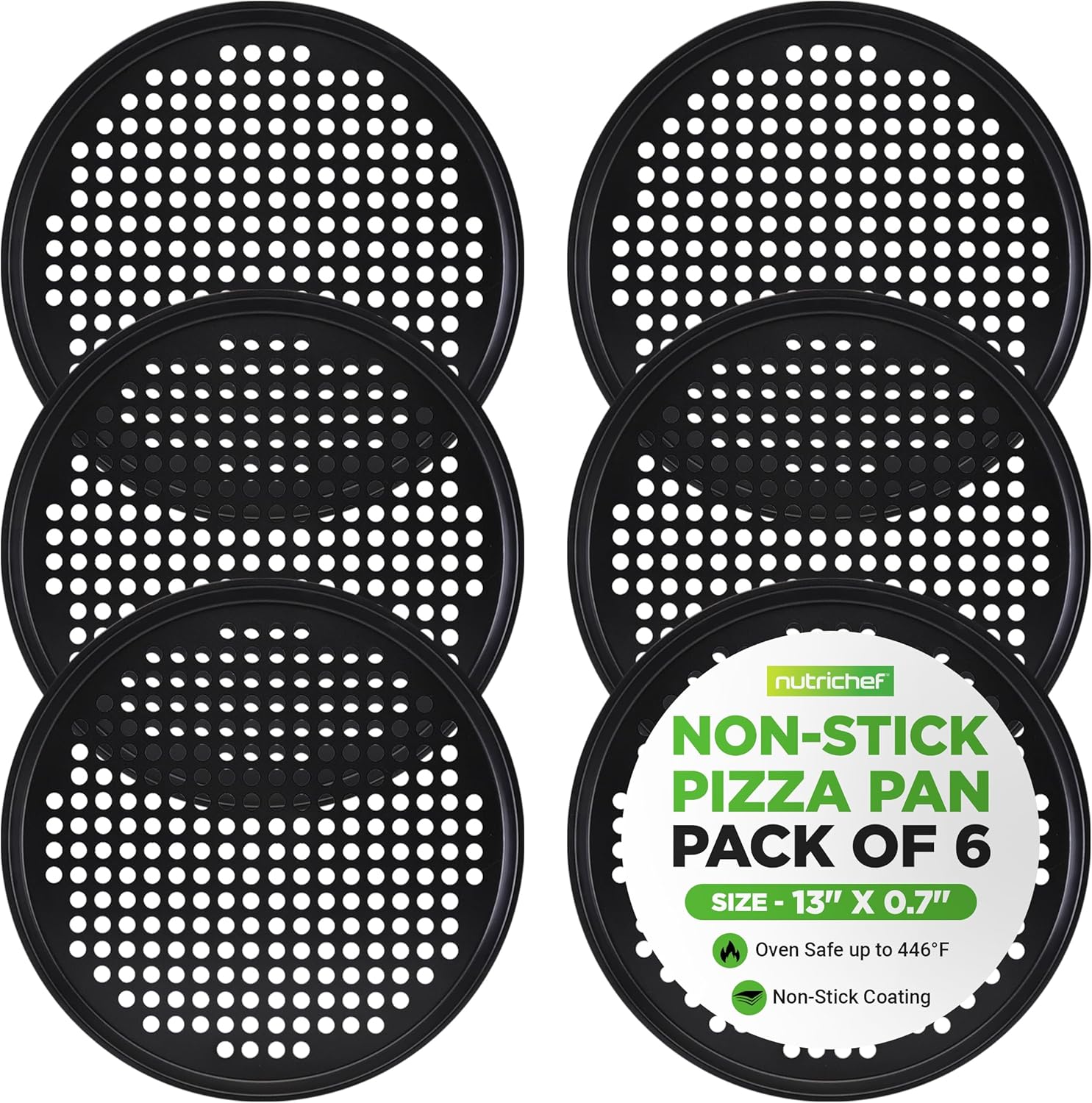 NutriChef 6-Pack 13-Inch Non-Stick Pizza Pans for Baking