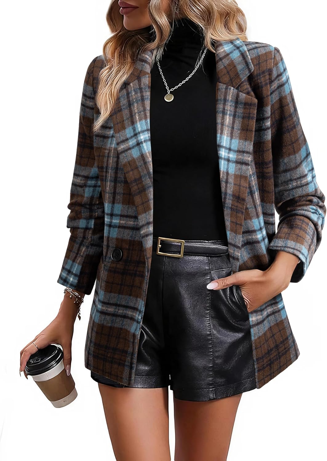 Stylish Womens Plaid Blazer with Lapel Collar and Pockets