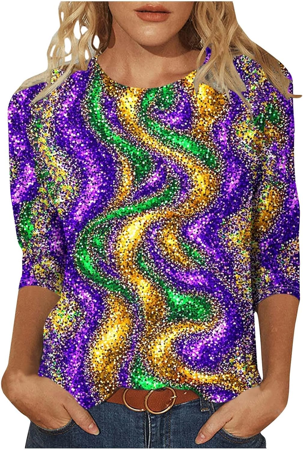 Mardi Gras Women's Carnival Top - Festive 3/4 Sleeve Blouse