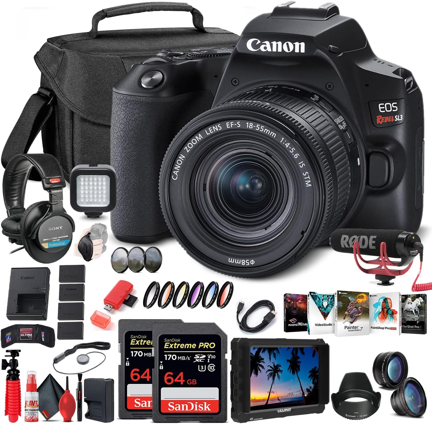 Enhanced Creativity Kit: Canon EOS Rebel SL3 + 4K Monitor + Pro Mic & Headphones