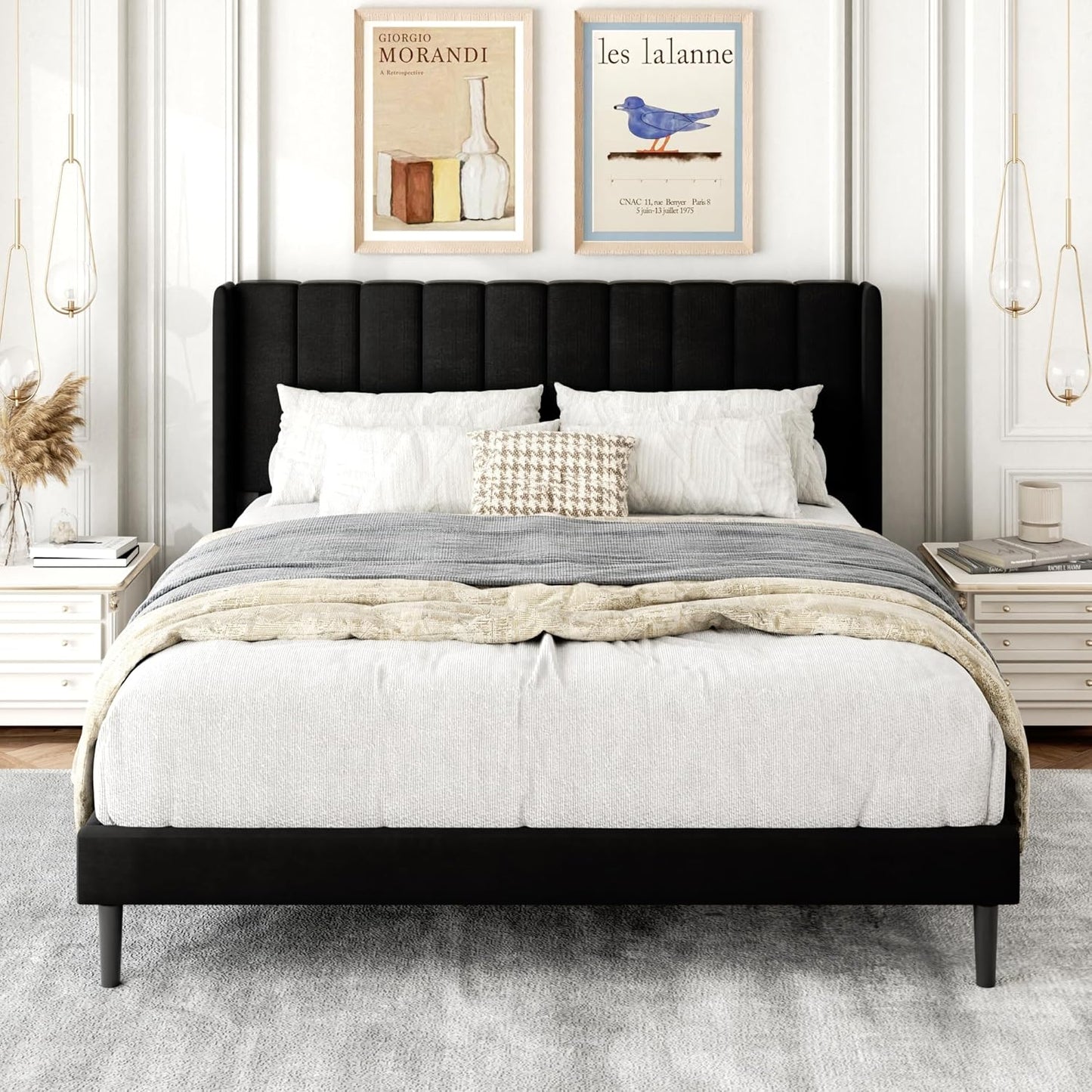 Queen Size Bed Frame with Upholstered Wingback Headboard