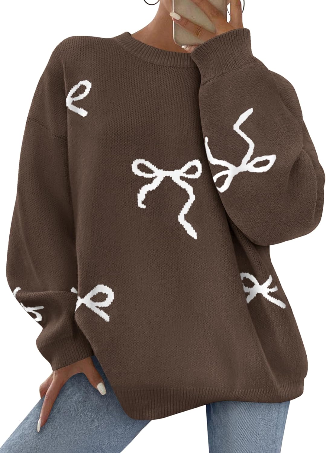 Trendy Fall Long Sleeve Pullover Sweater with Cute Bow Design