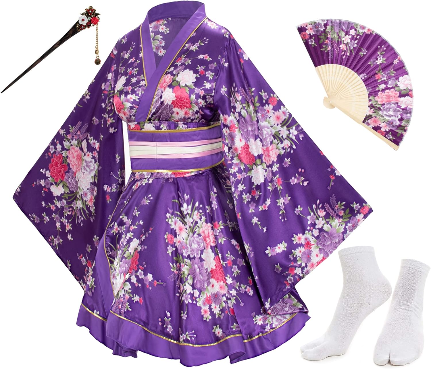Japanese Anime Women's Dance Kimono Robe with Accessories Set