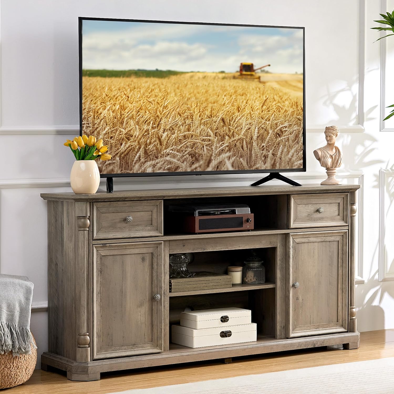 Farmhouse TV Stand - Spacious Storage & Stylish Design!