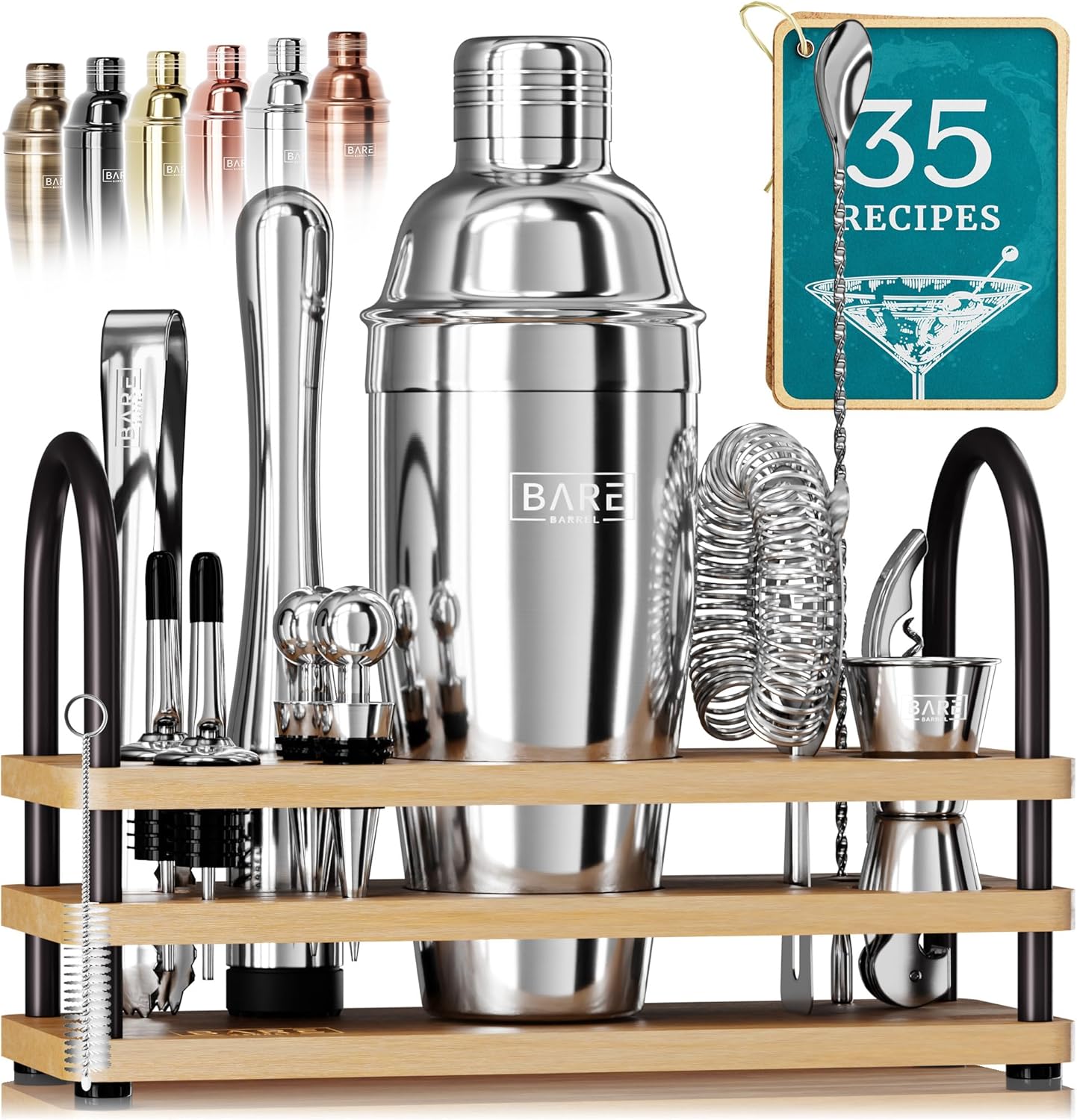 Bare Barrel 14-Piece Bartender Kit | 35 Cocktail Recipes | Home Bartending Tools